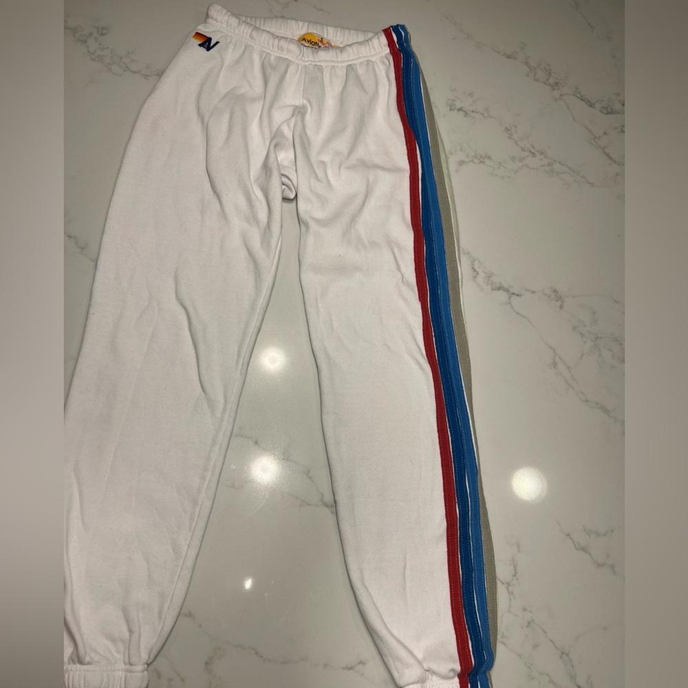 EUC Women’s Aviator Nation White 5 stripe sweatpants- Size Small